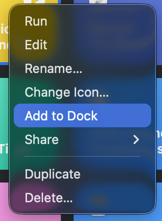 Right-click menu showing 'Add to dock' highlighted